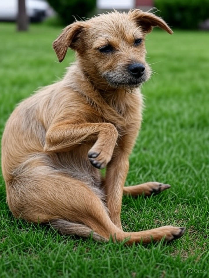Ein Hund kratzt sich