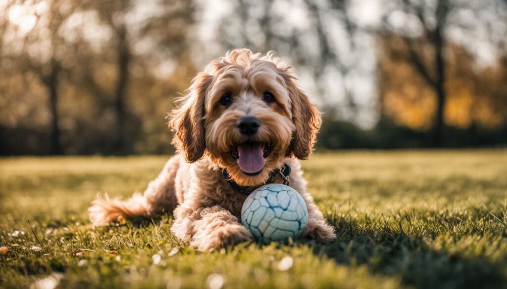 Ein glücklicher Cockapoo spielt mit einem Ball im Park.