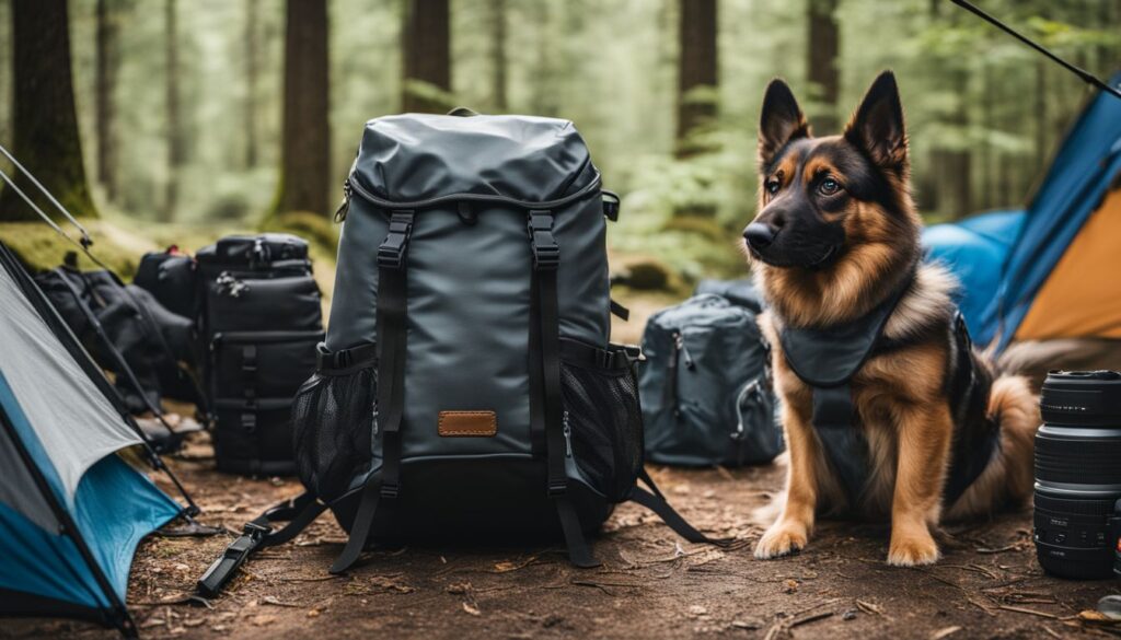 Ein gut ausgestatteter Hunderrucksack umgeben von Campingausrüstung in der Natur.