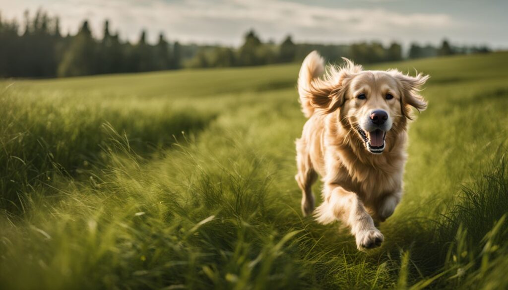 Ein goldener Retriever rennt durch ein grünes Feld.