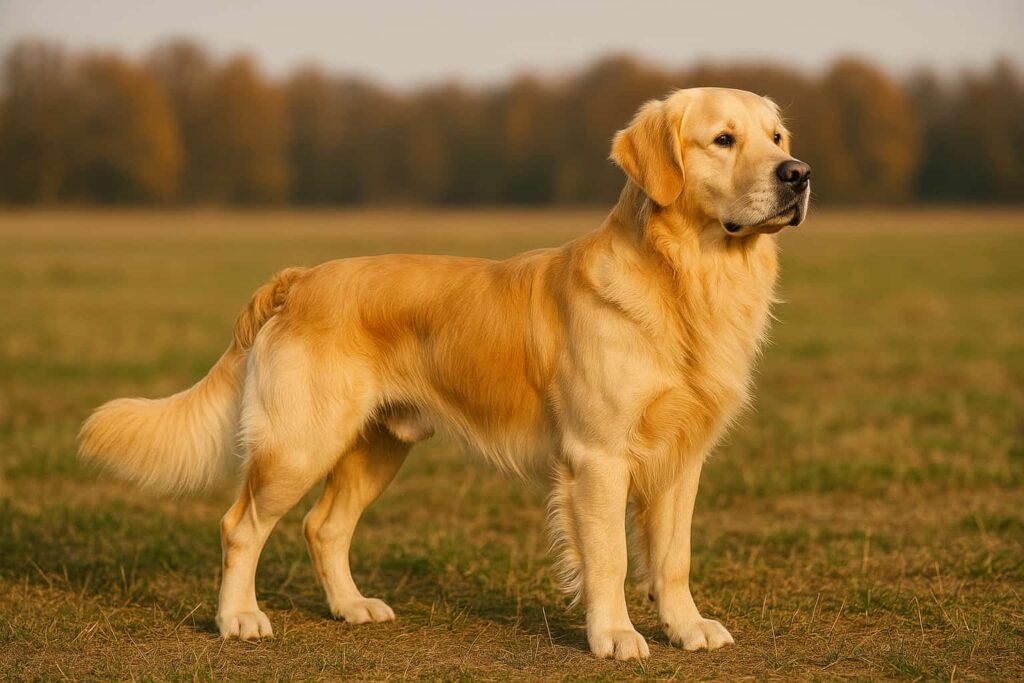Ein gesunder, erwachsener Golden Retriever Deckrüde steht stolz und aufmerksam auf einem Feld und symbolisiert Zuchttauglichkeit.