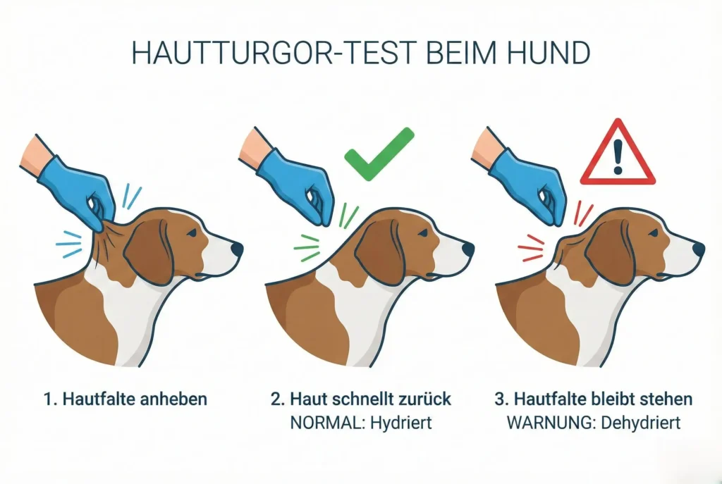 Illustration: Hautfaltentest beim Hund. Bild 1: Haut hochziehen. Bild 2: Haut glättet sich sofort (Gesund). Bild 3: Haut bleibt stehen (Dehydriert).