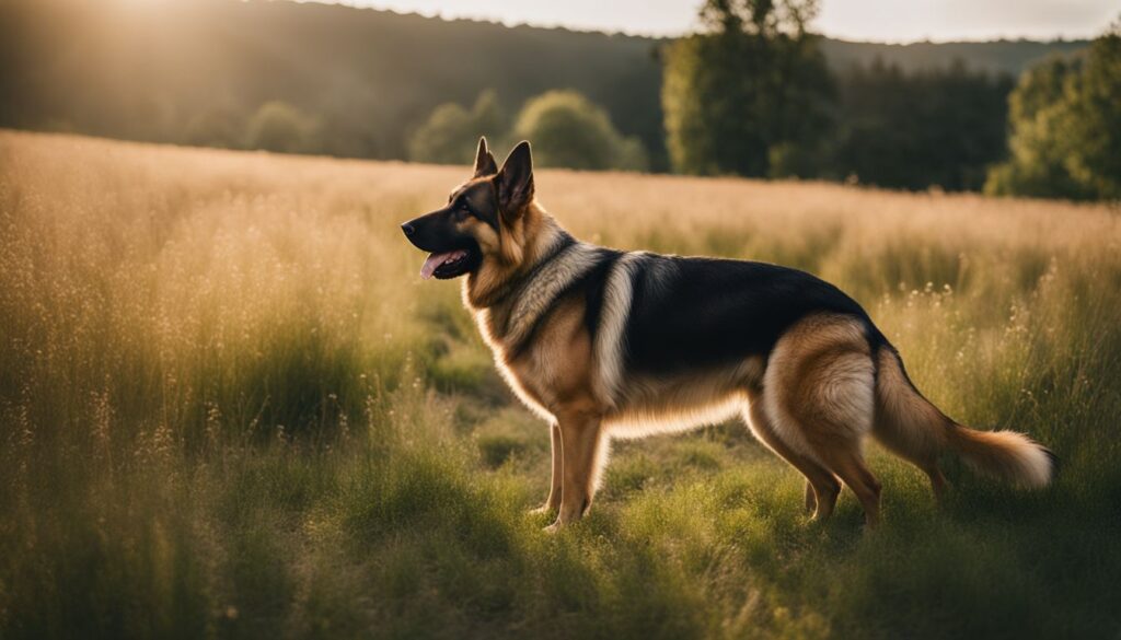 Ein Deutscher Schäferhund steht in einer malerischen deutschen Landschaft.