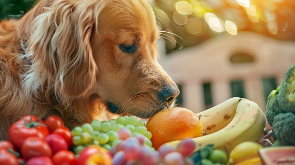 Ein Tisch voller Obst, Gemüse, Fleisch, Reis und Nudeln und ein Hund.