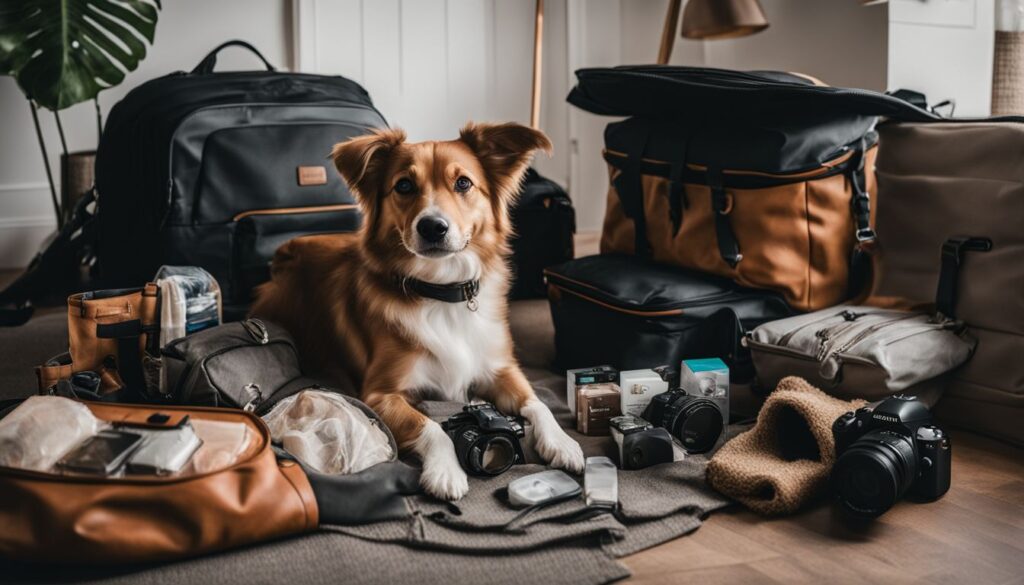 Ein Hund steht neben einem ordentlich gepackten Reisegepäck und umgeben von wichtigen Haustierbedarf.