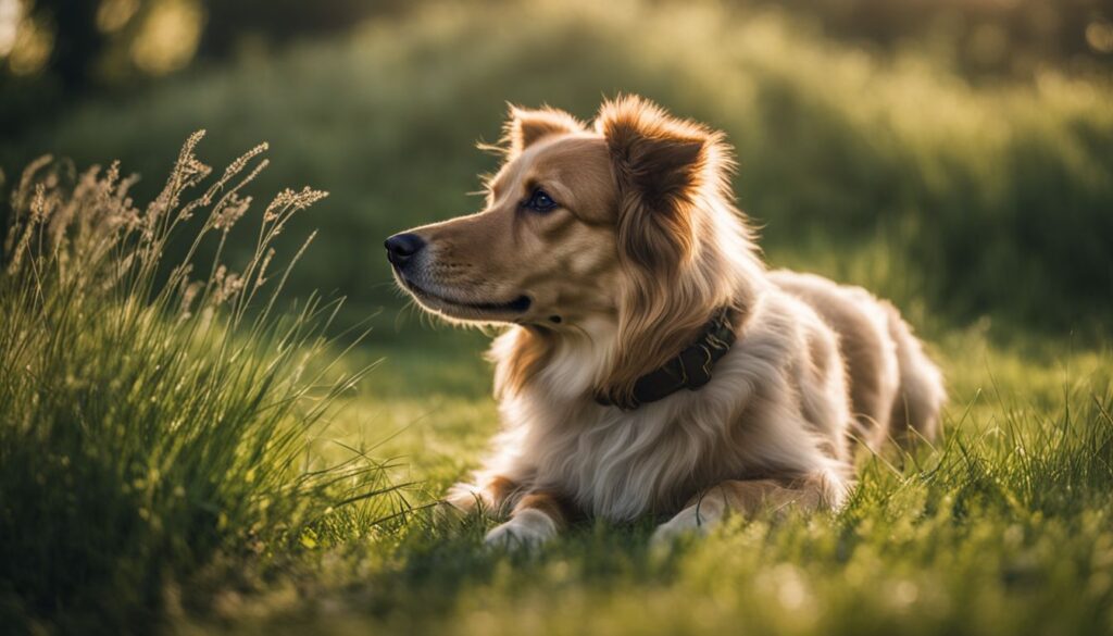 Ein friedlich grasender Hund in einer üppigen, natürlichen Umgebung.