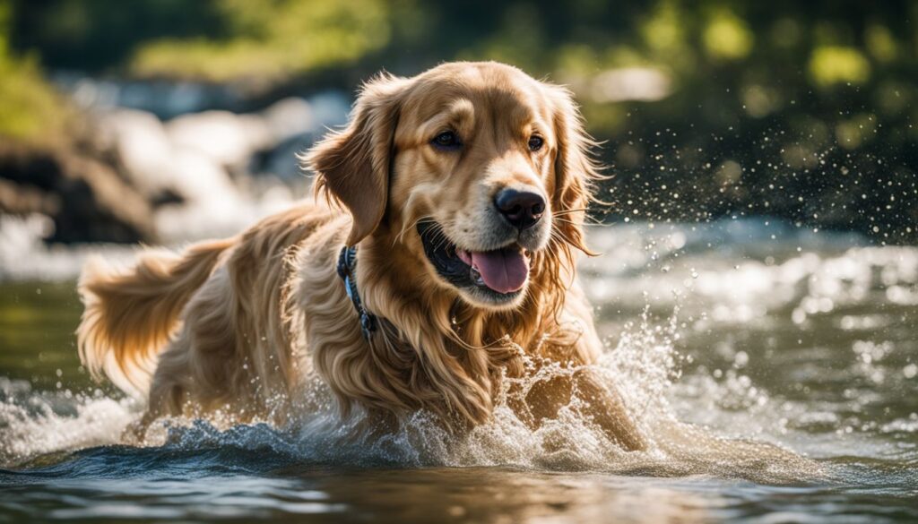 Ein glücklicher Golden Retriever spielt im sauberen Fluss umgeben von üppigem Grün.