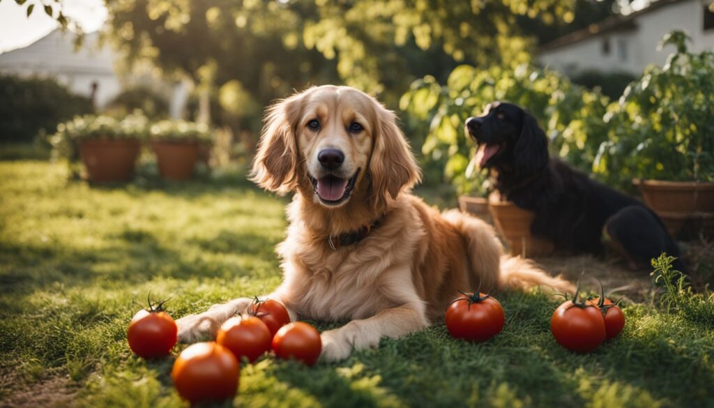 Ein neugieriger Hund betrachtet reifen Tomaten im Garten.