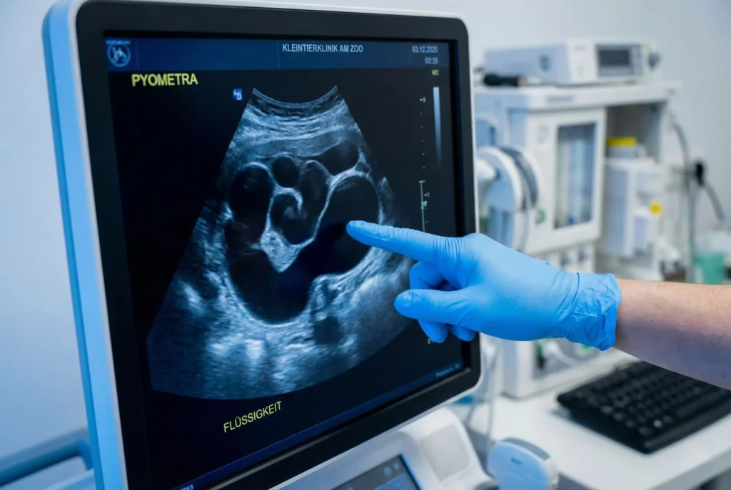 Tierarzt zeigt auf Ultraschallbild: Dunkle, gefüllte Röhren (die vereiterte Gebärmutter). Ernster Kontext.