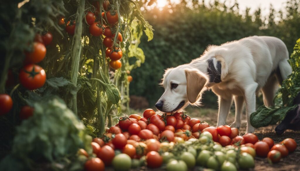 Ein neugieriger Hund schnüffelt an einem Haufen reifer und unreifer Tomaten im Garten.