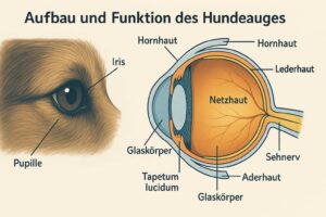Das Bild zeigt den Aufbau eines Hundeauges vom Glaskörper bis zum Sehnerv.