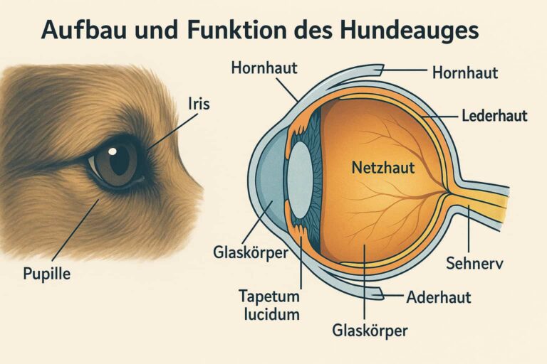Das Bild zeigt den Aufbau eines Hundeauges vom Glaskörper bis zum Sehnerv.
