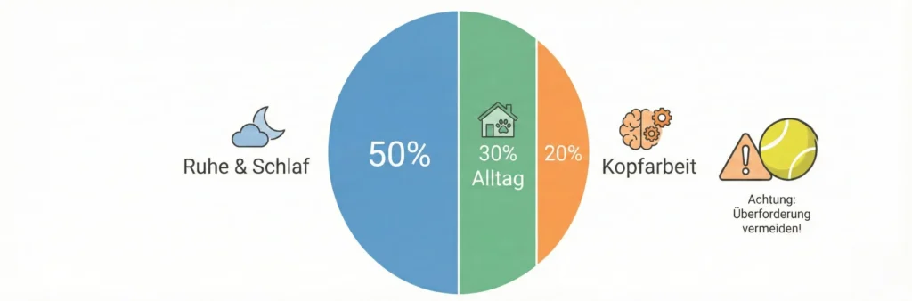 Kreisdiagramm: 50% Ruhe/Schlaf, 30% Alltag/Gassi, 20% Kopfarbeit. Warnsymbol bei 'Nur Ballwerfen'.
