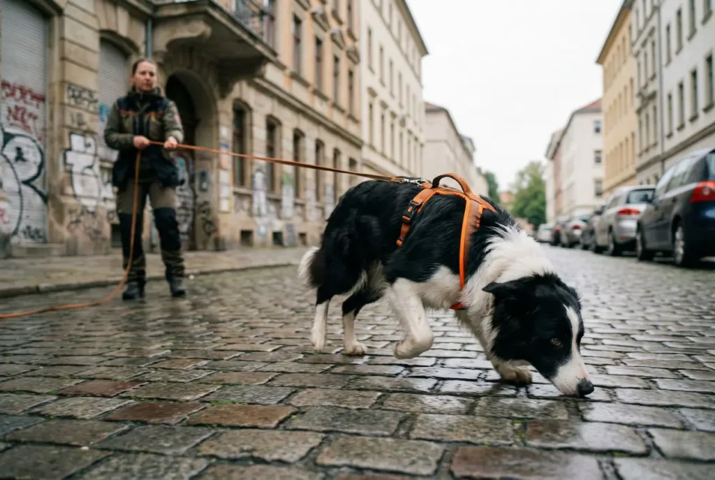 Border Collie im Suchgeschirr, Nase tief am Boden, hochkonzentriert in städtischer Umgebung.