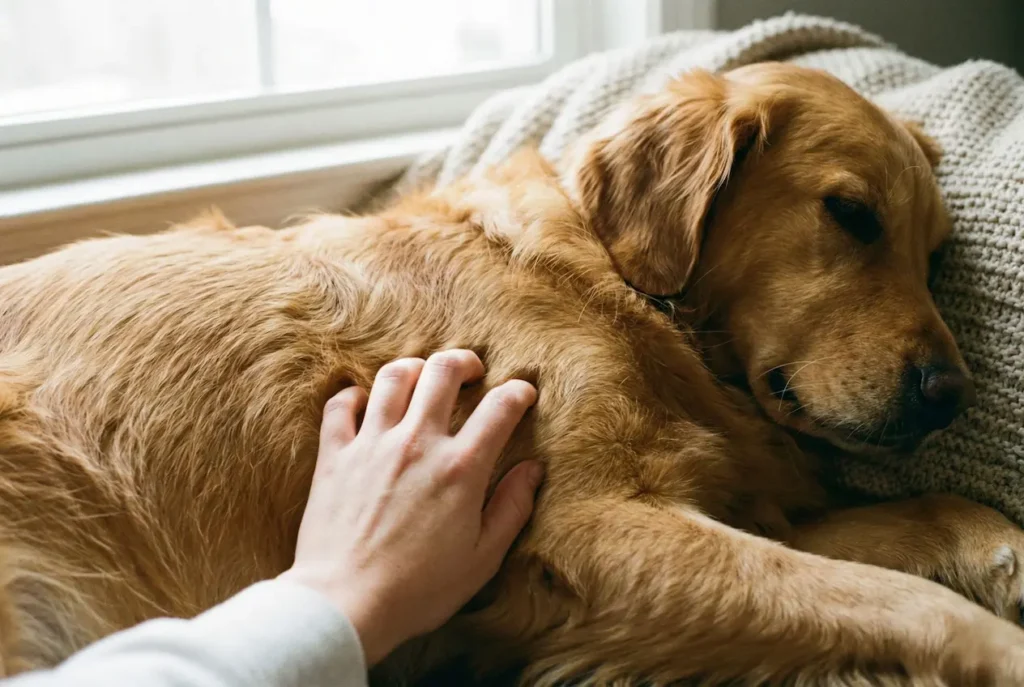 Halterin massiert sanft den seitlichen Brustkorb eines entspannten Hundes.