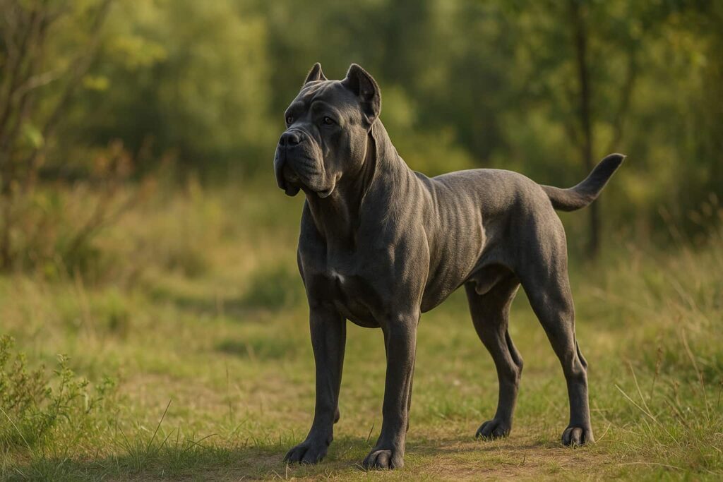 Ein prächtiger Cane Corso Hund steht auf einer Wiese und zeigt seine Muskulatur. 
