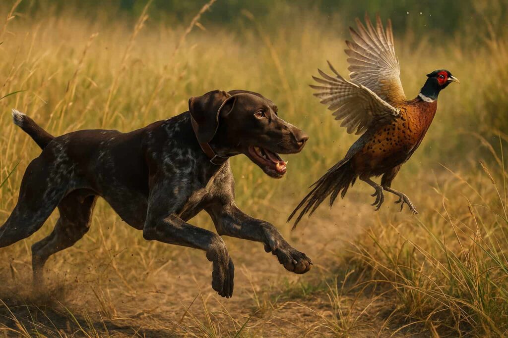 Ein Deutsch Kurzhaar jagt einen Vogel und ist kurz davor in zu fangen.