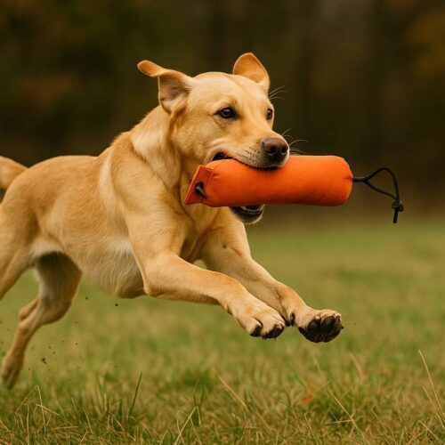 Ein Hund beim Dummytraining wie er den Gegenstand im Maul hat.