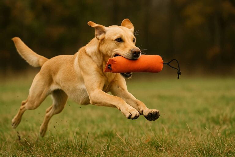 Ein Hund beim Dummytraining wie er den Gegenstand im Maul hat.