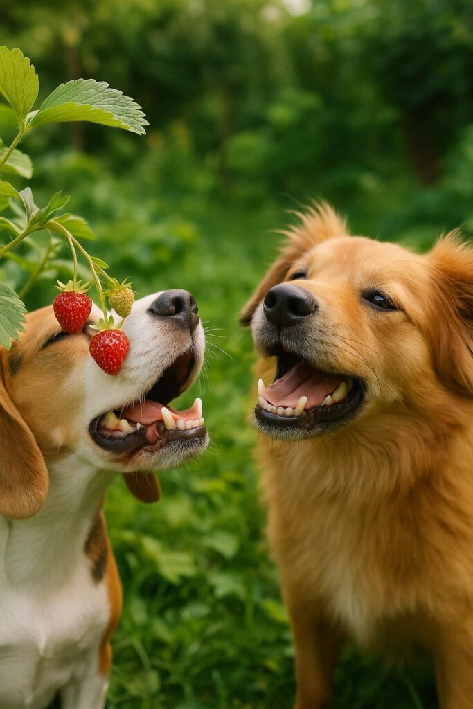 Zwei Hunde genießen frische Erdbeeren in einem üppigen Garten.