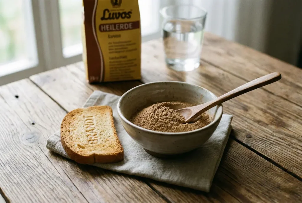 Ein Löffel Heilerde und ein Stück Zwieback neben einem Hundenapf. Fokus auf sanfte Hausmittel.