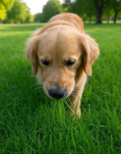 Ein Hund im Park frisst Gras.