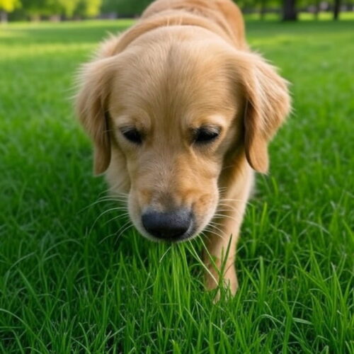 Ein Hund im Park frisst Gras.