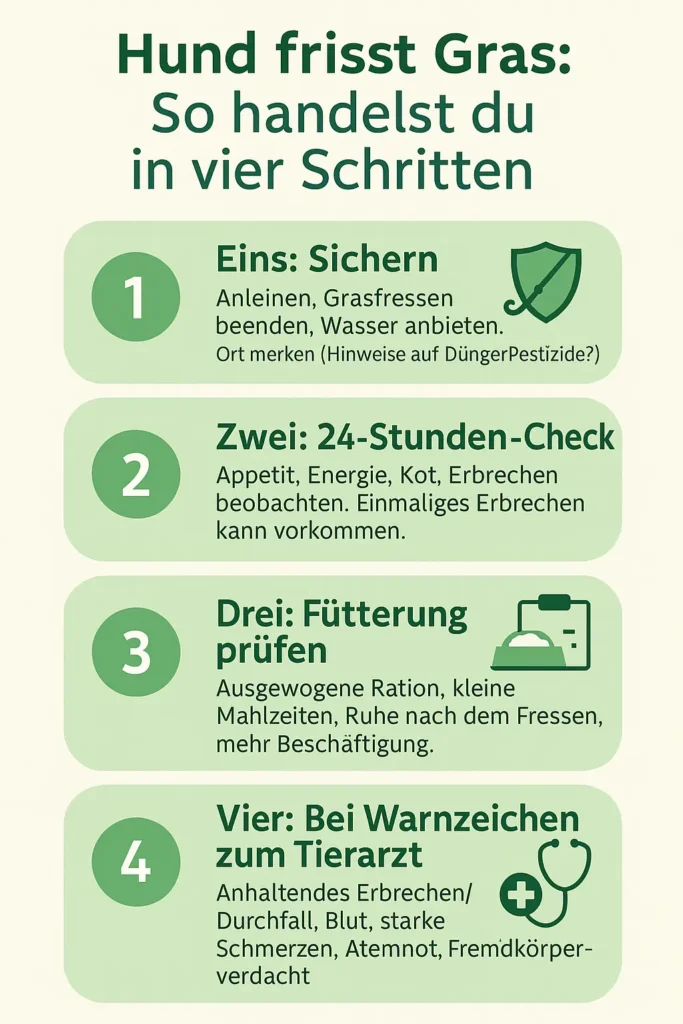 Schritt-für-Schritt-Grafik: sichern, 24‑Stunden‑Check, Fütterung prüfen, bei Warnzeichen zum Tierarzt.