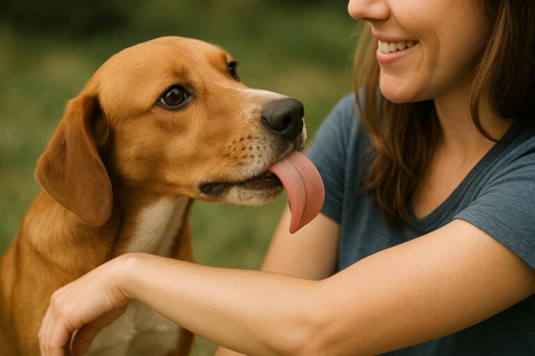 Ein Hund leckt den Arm ihres Frauchen ab.