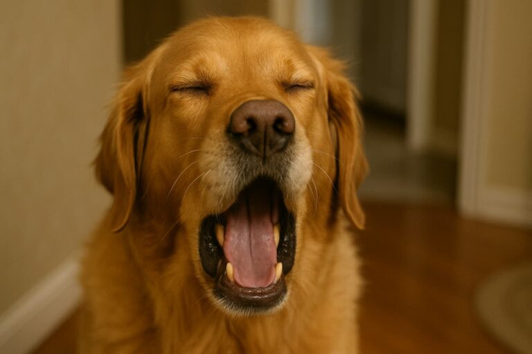 Ein Hund beim Rückwärtsniesen.