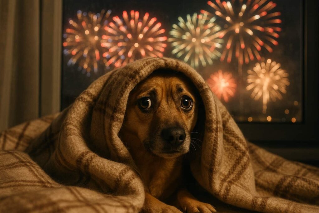 Ängstlicher Hund verkriecht sich an Silvester in einer Decke, während draußen Feuerwerk zu sehen ist.