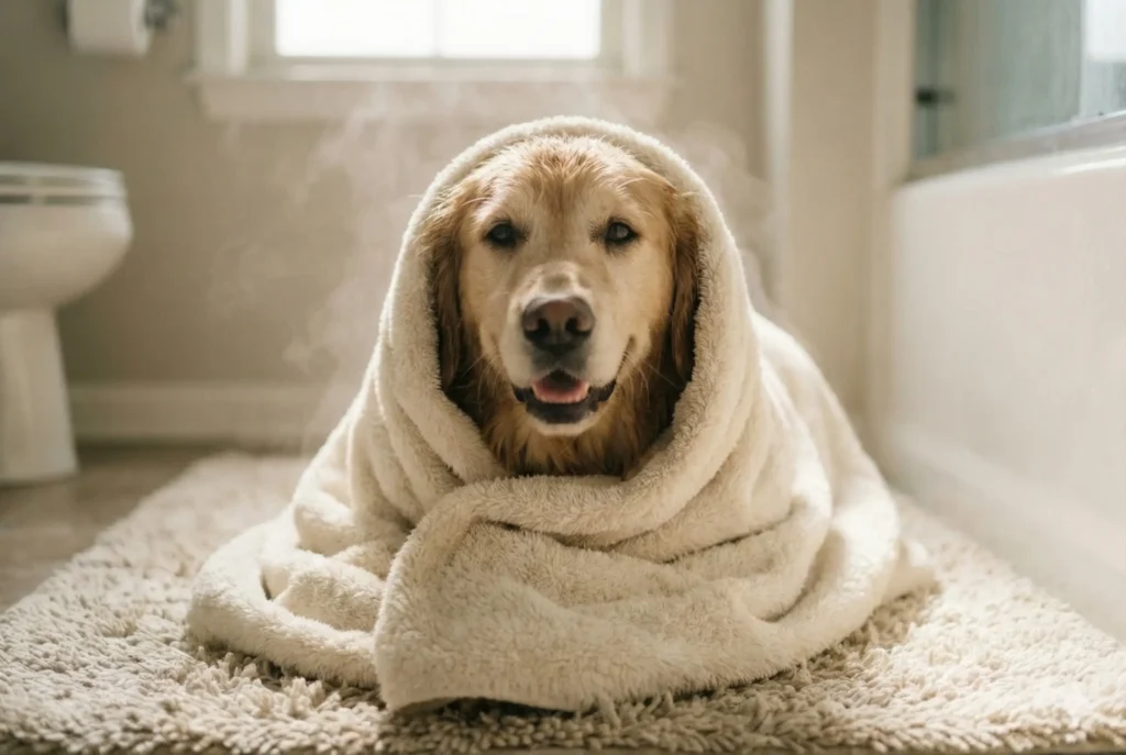 Hund im Bademantel oder Handtuch, sieht entspannt aus. Fokus auf sorgfältiges Trocknen.