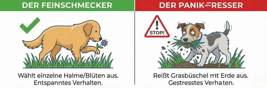 Vergleichsgrafik: Links 'Der Genießer' (wählt Halme aus, entspannt). Rechts 'Der Panische' (reißt Büschel aus, speichelt). Text: Genuss vs. Übelkeit.