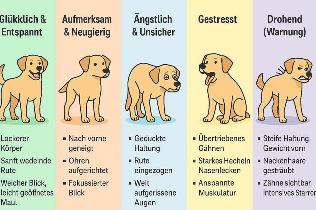 Eine Infografik zum Thema Stimmung und Körperhaltung beim Hund.