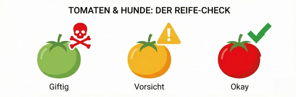 Farbskala von Grün (Totenkopf) über Orange (Warnzeichen) zu Rot (Haken). Text: Nur vollreife Früchte füttern!