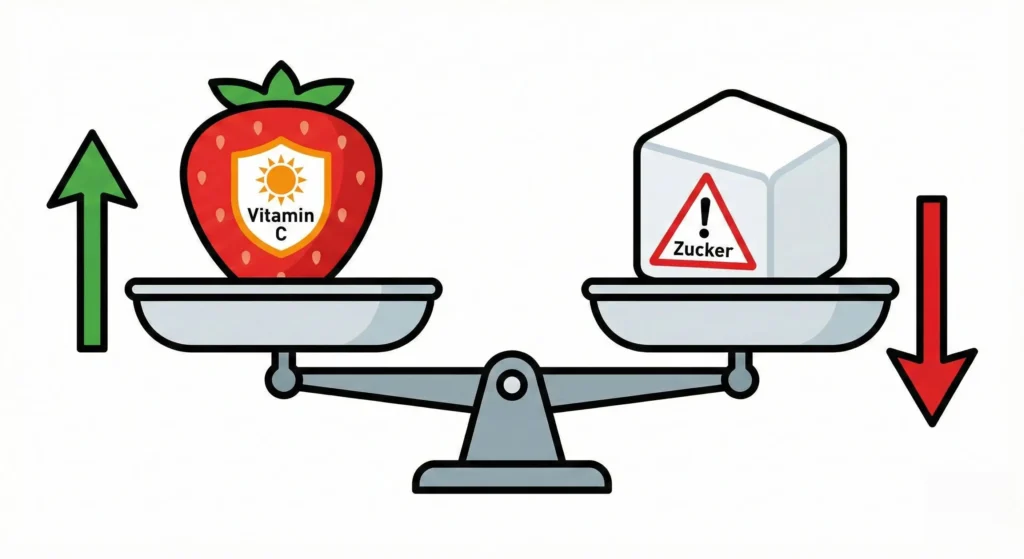 Infografik: Links Vitamin C und Zahnpflege (grün), Rechts Zucker und Allergie-Gefahr (rot)