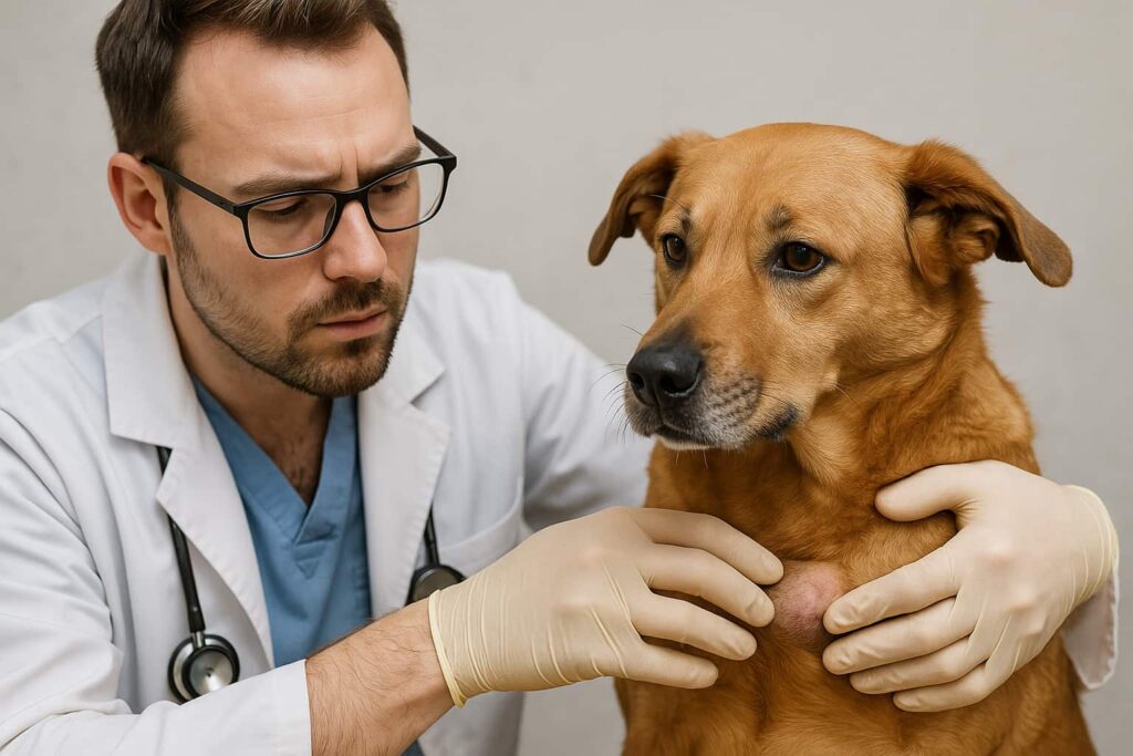 Ein Tierarzt tastet einen Knoten im Fell eines Hundes ab, um die Beschaffenheit des Tumors zu prüfen.
