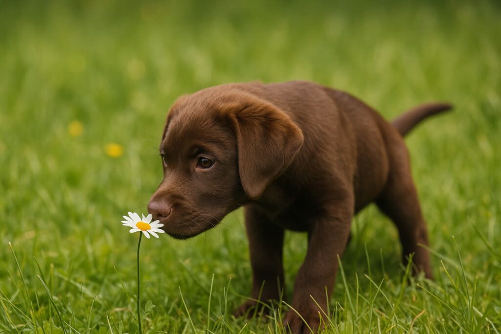 Ein junger, brauner Labrador Retriever Rüde schnüffelt neugierig an einer Blume auf einer Wiese und zeigt beginnendes Interesse an seiner Umwelt.