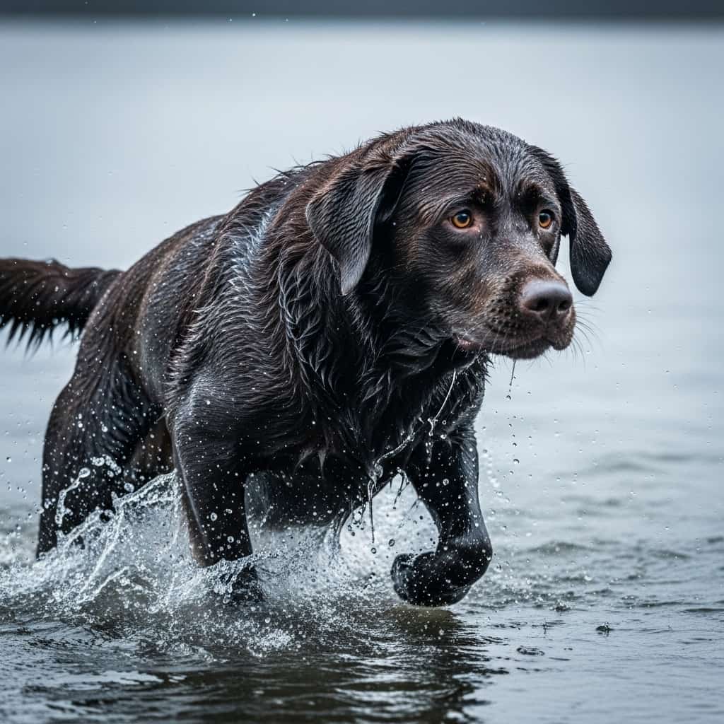 Ein nasser Hund steigt aus dem kalten Wasser.