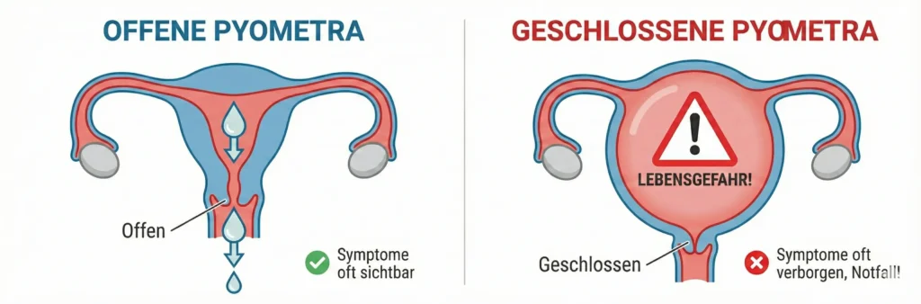 Vergleichsgrafik: Links Gebärmutter mit Abfluss nach außen (sichtbar). Rechts prall gefüllte Gebärmutter ohne Abfluss (Notfall). Warnsymbol bei Rechts.