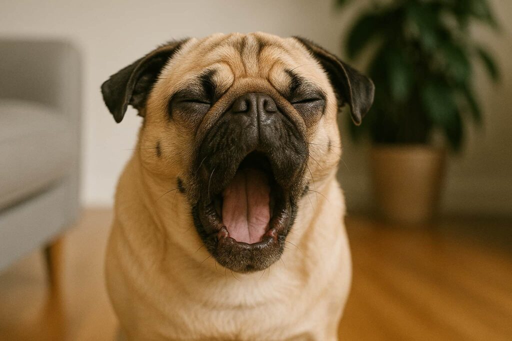 Ein Mops beim Rückwärtsniesen.