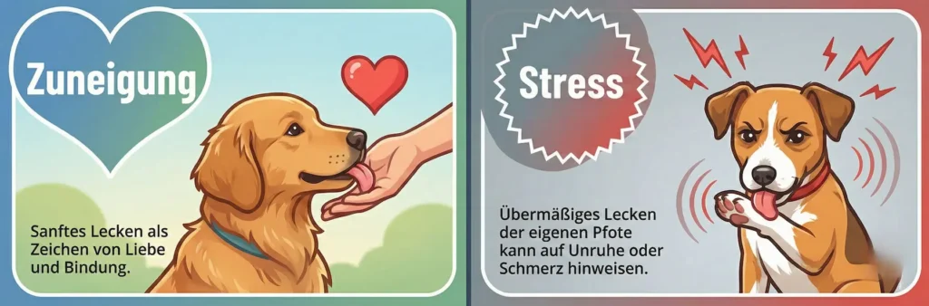 Infografik: Vergleich zwischen liebevollem Lecken (entspannt) und Stresslecken (hektisch)