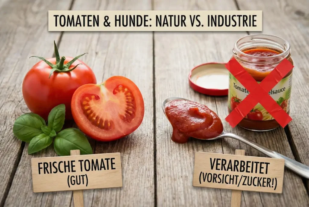 Links: Frische, rote Tomate (Ja). Rechts: Nudelsauce (Nein, durchgestrichen).
