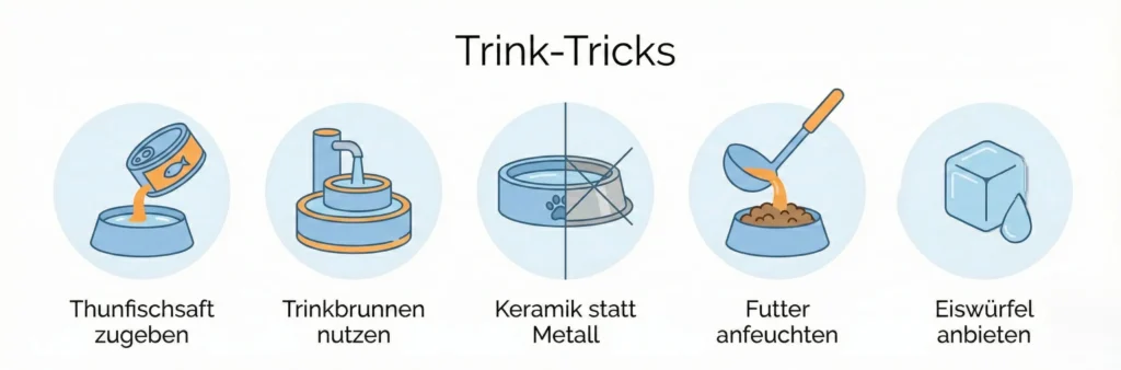 Infografik mit 5 Icons: 1. Thunfischwasser, 2. Trinkbrunnen, 3. Verschiedene Näpfe, 4. Futter-Suppe, 5. Eiswürfel