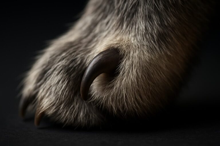 Eine Wolfskralle vom Hund in einer Großaufnahme.