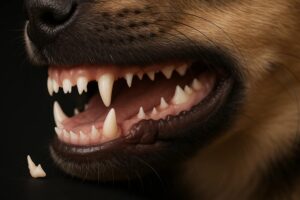 Ein Gebiss eines Hundes, das im Zahnwechsel ist.