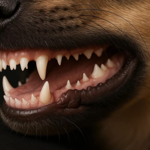 Ein Gebiss eines Hundes, das im Zahnwechsel ist.