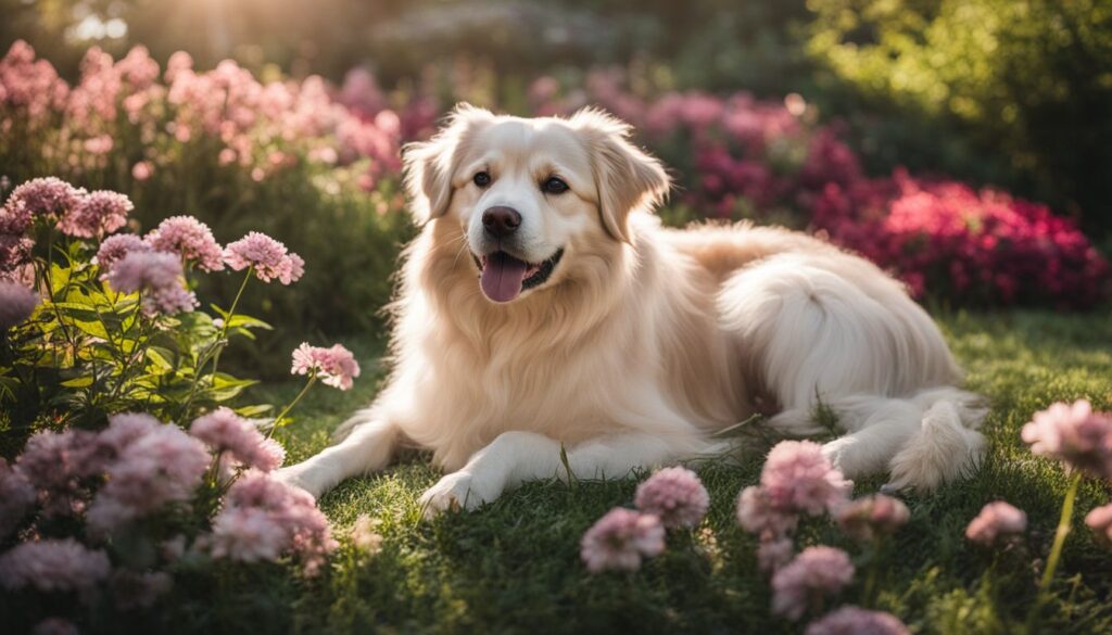Ein tragender Hund ruht in einem blühenden Garten.