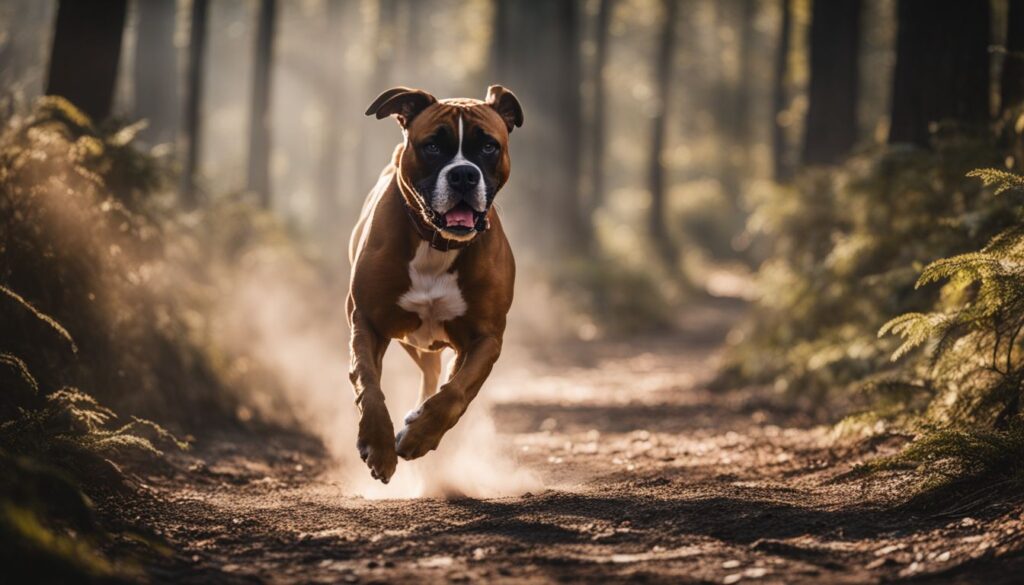 Ein muskulöser Boxerhund rennt durch den Wald 