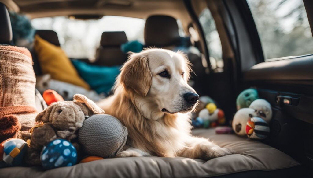 Ein ruhiger Hund sitzt bequem im Auto mit Spielzeug und Decken.